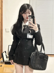 Voguable Black Korean Two Piece Dress Set Women Casual Polo Blouse + Dress Coat Set Female Slim Vintage Elegant Dress Suit 2024 New voguable