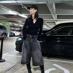 Voguable Vintage Washed Black Denim Pants Women 2024 Summer High Waist Loose Wide Leg Y2k E-Girl Unisex A-line Calf- Length Chic voguable