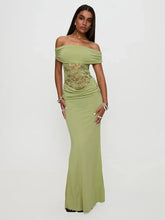 Off-shoulder Strapless Sexy Maxi Dress For Women Green Lace Sheer Sleeveless Backless Bodycon Club Party Long Dress voguable