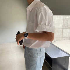Summer Men's Clothing Light Luxury Shirt Korean Solid Color Short Sleeve Button-down Retro Fashion Leisure Loose Pocket Shirts voguable