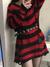 Voguable Punk Gothic Striped Sweater Women Harajuku Hollow Out Hole Broken Jumper Female Autumn Fashion Loose Long Sleeve Knitted Sweater voguable