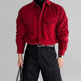 New Korean Fashion Men's Red Shirts Textured Corduroy Solid Color Long Sleeve Blouse Light Luxury Wedding Occasion Streetwear voguable