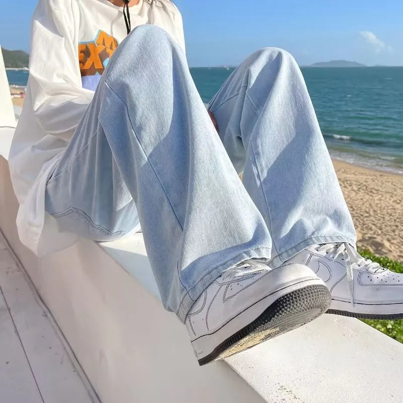 Korean Fashion Men's Baggy Jeans Classic All-match Solid Color Straight-leg Denim Wide-leg Pants Male Light Blue Grey Black voguable