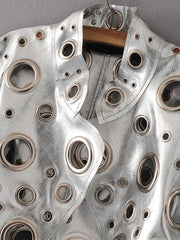 Runway Cut Out Short Faux Leather Jacket Golden Rivet Cool Stylish Designer Clothes Women European American Fashion voguable