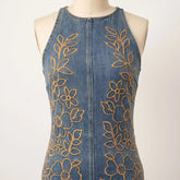 Voguable Women Sleeveless Denim Mini Dress Golden Floral Embroidery Front Zip Halter Neck Bodycon Short Dress Y2K Streetwear Party Club voguable
