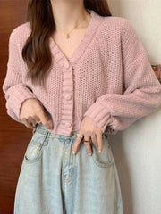 Sexy Cropped Sweet Cardigan Women V Neck Vintage Slim Long Sleeve Knitted Sweaters Korean Causal Simple Solid Lady Fall Tops New voguable