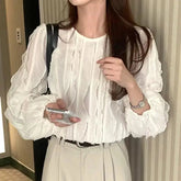 Voguable Spring Pullover Long Sleeve Tops Women Loose Pleated Irregular Patchwork Fashion Ladies Cropped Blouses Korean Style Woman Tops voguable