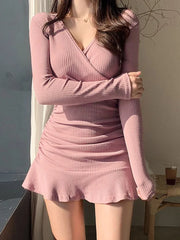Black Knitted Ribbed Midi Dresses For Women V Neck Elegant Korean Clothes Long Sleeve Ruffles Bodycon Dresses Autumn voguable