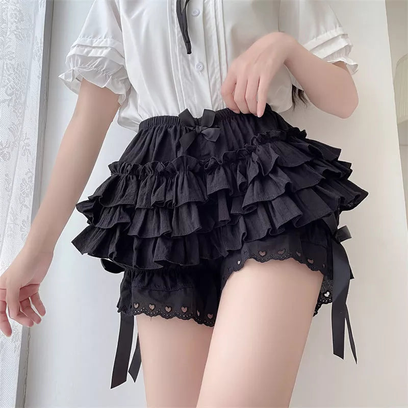 Black White Ruffle Knickers Women Kawaii Pumpkin Panties Cute Lace Bowknot Lolita Safety Shorts Pants Vintage Victorian Bloomers voguable