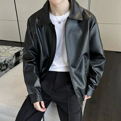 New Autumn Men's Casual Textured PU Leather Jacket High Street Zip-up Turn-down Collar Solid Color Long Sleeve Retro Coats M-3XL voguable