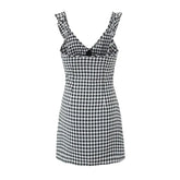 New Women Flying Sleeve V Neck Plaid Dress Sexy Sleeveless High Waist Female Summer Short Dresses Holiday Robe