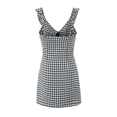 New Women Flying Sleeve V Neck Plaid Dress Sexy Sleeveless High Waist Female Summer Short Dresses Holiday Robe