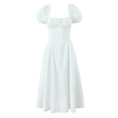 New Women Sexy Off Shoulder Elegant Party Dresses Short Sleeve Lace Up Back A-line Midi Summer Dress Blue White Robe voguable