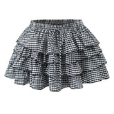 Sweet Girl Plaid Cascade Ruffles Cake Skirt Bow Elastic Waist Saia Mini Summer Skirts
