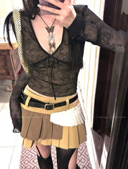 Deeptown Coquette Aesthetic Mesh T Shirts Women Vintage V Neck Lace Bow Cropped Tops Y2k Sexy Slim Fit Long Sleeve Tee Shirts voguable