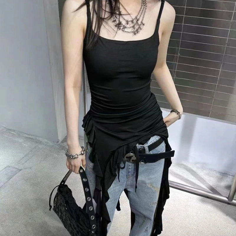 Sexy Tank Top Asymmetrical Black Y2k Women Ruffle Grunge Backless Coquette Fashion Streetwear Tops Solid Aesthetics voguable