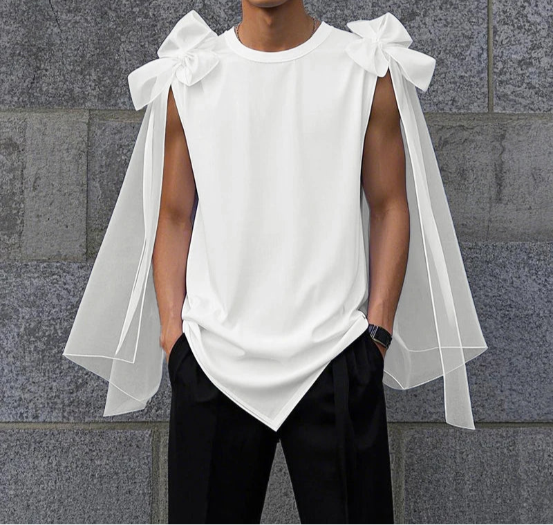 Men Tank Tops Mesh Patchwork O-neck Sleeveless Bow Summer Unisex Tee Tops Streetwear Fashion Casual Men Clothing S-5XL voguable