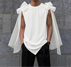 Men Tank Tops Mesh Patchwork O-neck Sleeveless Bow Summer Unisex Tee Tops Streetwear Fashion Casual Men Clothing S-5XL voguable