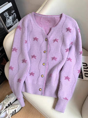 Stars Print Vintage Cardigan Women Casual Cute Long Sleeve Loose Knitted Sweater Korean Retro O Neck Female Purple Tops New voguable