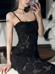Voguable Black Sexy Party Midi Dress Women Summer See-through Strap Y2k Dress Female Lace Chic Korean Fashion Slim Vintage Dress 2024 New voguable