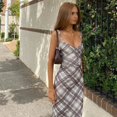Vintage Plaid Print V Neck Midi Dress Women Summer Sexy Backless Spaghetti Straps Dress Y2K Club Party Slim All Match Vestidos voguable