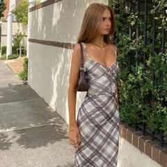 Vintage Plaid Print V Neck Midi Dress Women Summer Sexy Backless Spaghetti Straps Dress Y2K Club Party Slim All Match Vestidos voguable