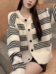 Women Cardigan Sweater Striped Crew Neck Button-up Sweater Jacket Comfy Cozy Slouchy Cardi Autumn Winter French Chic Outfit voguable