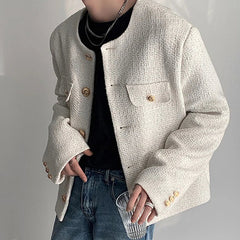 Korean Style Fashionable Tweed Round Neck Jacket Men Japanese Trendy High-end Single-breasted Short Jacket with Temperament voguable