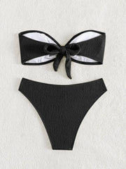 Voguable Sexy Black Bikini Set Women Bandeau Ring Linked Push Up Micro Swimsuit Solid Black Bathing Suit Thong Swimwear Beachwear voguable