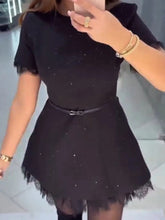 Voguable New Women High Waist Pleated Party Mini Dress Black O-neck Lace Spliced Polka Dot Dress Elegant Short Sleeve Slim Banquet Dress voguable
