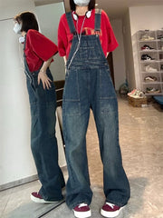 Voguable Women's Vintage Suspender Jumpsuit Wide Leg Pants Young Girl Academic Style Rompers Female Retro Casual Straight Denim Trouser voguable