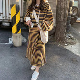 Voguable Hoodie Women Autumn Winter Korean High Street Cootrast Color Hoodies Drawstring Striped Long Sleeve Loose Thermal Long Dress voguable