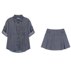 Fake Denim Fashion Spring Summer Outfits 2025 New Lapel Blouse Top And Short Skirt Two Piece Set Streetwear Shirts + Pleat Skirt voguable
