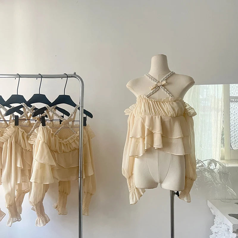 Voguable French Vintage Long Sleeve Shirt For Women Korean Elegant Spring Autumn Off Shoulder Blouse Lace-Up Sling Shawl Ladies New voguable