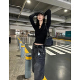 Voguable Vintage Washed Black Denim Pants Women 2024 Summer High Waist Loose Wide Leg Y2k E-Girl Unisex A-line Calf- Length Chic voguable