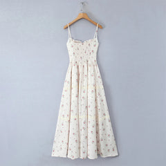 YENKYE Elegant Women French Style Lace Trim Floral Print Sling Long Dress Sexy Thin Straps A-line Summer Dresses Holiday Robe voguable