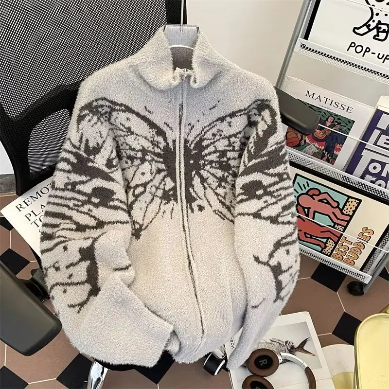 Y2k Harajuku Zipper Cardigan Man Women Vintage Butterfly Turtleneck 2024 American Mink Fur Soft and Lazy Style Sweater Jacket voguable