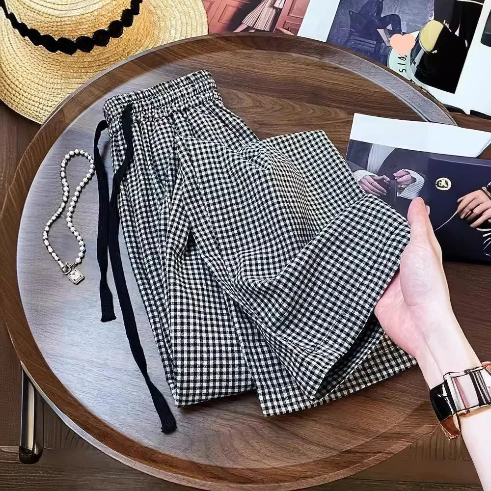 Korean Chic Plaid Casual Pants Women Summer High Waist Retro All Match Wide Leg Pants Y2K Loose Drawstring Straight Trousers voguable