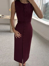 Voguable Elegant Single Breasted Tank Dress Women Belts Sleeveless O-neck Slim Solid Spring Dresses Commute Street Split Lady Robe voguable