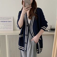 Women Cardigan Sweater Varsity Striped Front Pocket Long Sleeve Button-up Knit Sweater Jacket College Student Girl Preppy Style voguable