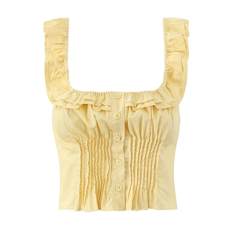 Yellow White Ruffle Square Neck Tank Top Women Front Button Sleeveless Holiday Summer Tops Cotton ropa de mujer
