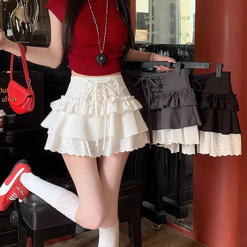 Sweet Lace Up Mini Skirt Women Y2K Summer Lace Patchwork A-Line Skirts High Waist Kawaii Lolita Preppy All Match Tutu Skirts voguable
