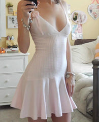 pink knit flower strap black V-neck dress short for women Pbong