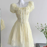 Voguable French Sweet Puff Sleeve Women Dress Elegant Casual Fashion Waist Vestidos Lace Exquisite Simple Square Neck A Line Cute Skirt voguable