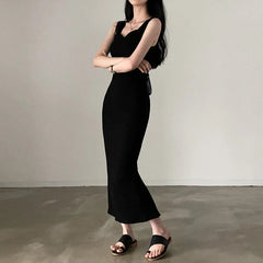 Basic Knit Long Dress Korean Fashion Square Collar Sleeveless Women's Dresses Summer Casual Y2k Vintage All-match Outftis voguable