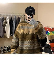 Vintage Boho Floral Striped Sweater Women Warm Winter Long Sleeve Tops Men Hip Hop Couples Teens Pullover Korean Fashion Clothes