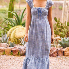 Women Casual Vintage Plaid Dress Elegant Square Neck Short Sleeve A-line Summer Long Dress Vacation Maxi Robe voguable