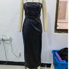 Sexy Women Faux Leather Strapless Dress Side Zipper Ruched Party Midi Dresses Black Vestidos
