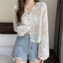 Voguable Hollow Out Lace Summer Cardigan Women Korean Style V Neck Embroidered Floral Shirt Woman Lightweight Thin Solid Long Sleeve Top voguable