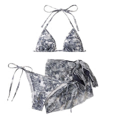 New Fashion Ink Painting Bikini Set Women Swimwear Three Piece Bathing Suit Drawstring Swimsuit Female Sunscreen Beachwear